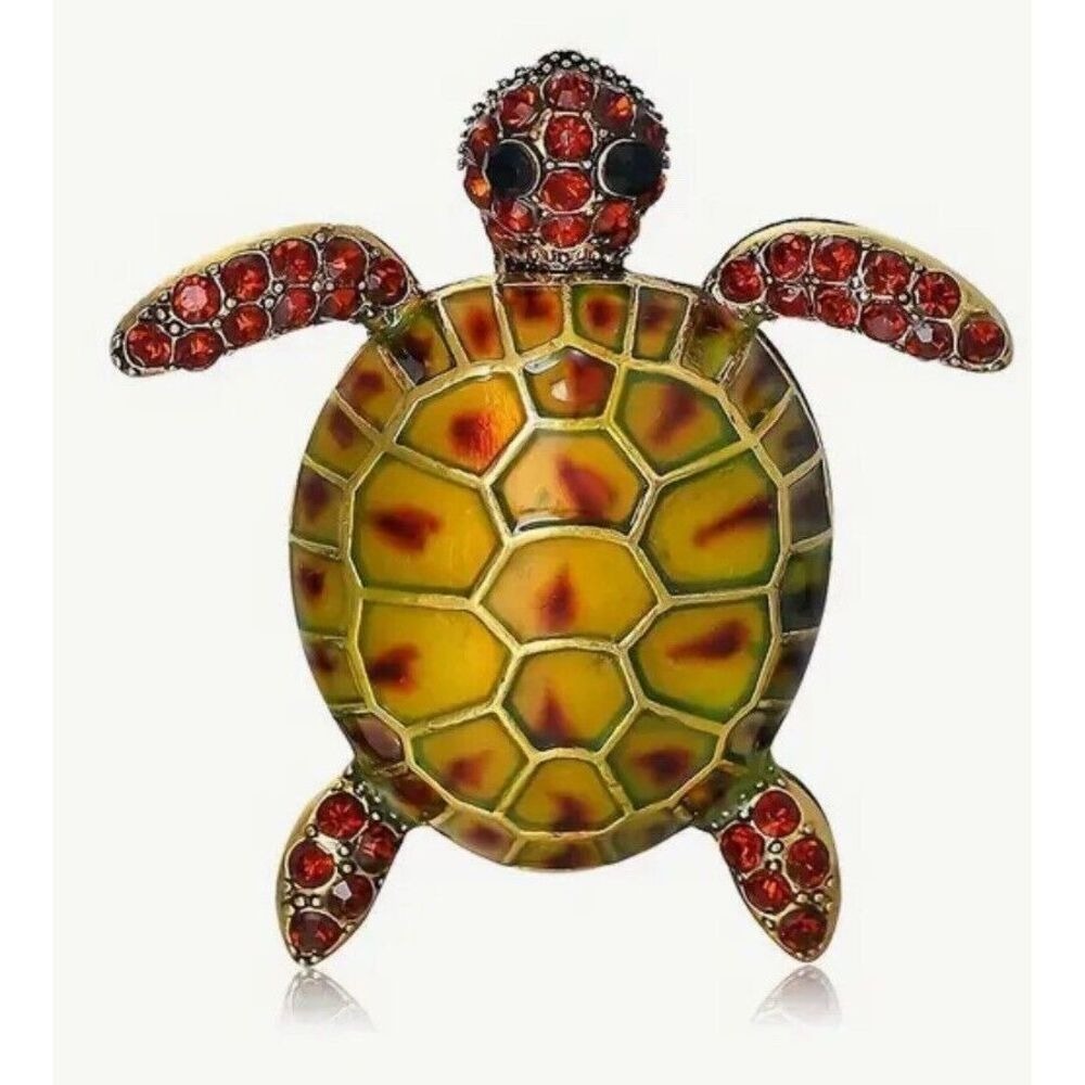 TURTLE BROOCH GOLD TONE‎ PIN  ENAMEL RHINESTONE New